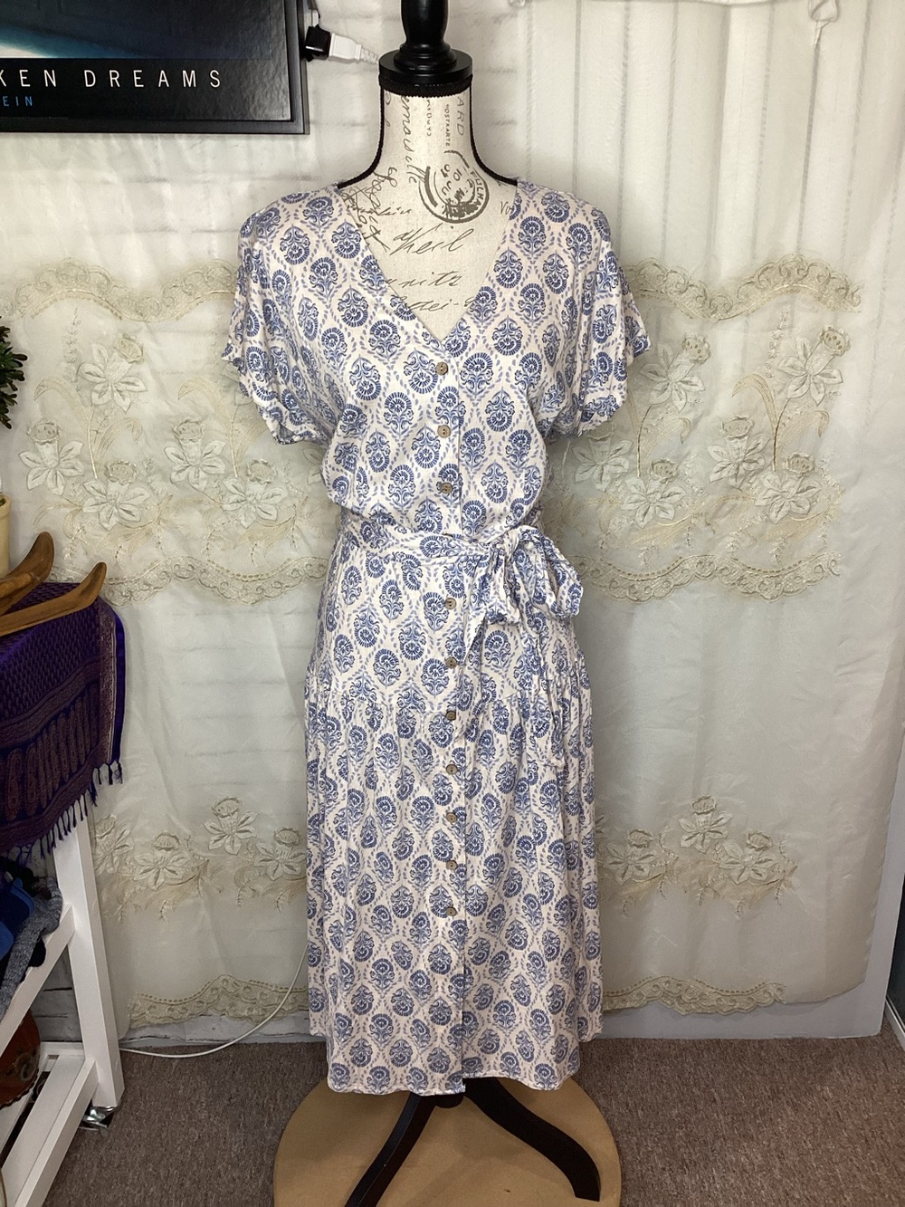 Lucky Brand Blue And Cream Button Front Short Sleeve Midi Dress Large NEW!